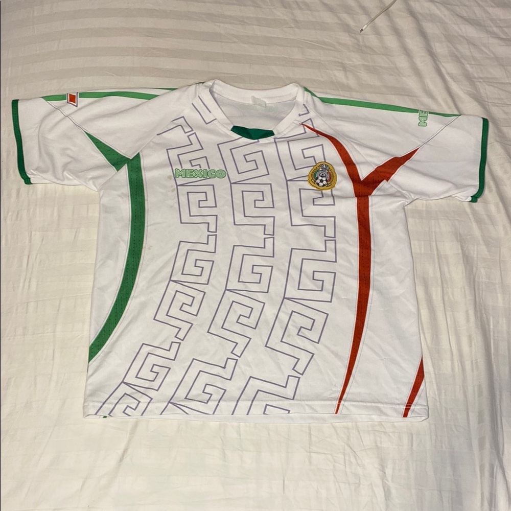 White and Green Short-Sleeved Jersey with Geometric Design